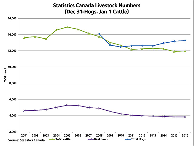 Statistics Canada reported the total cattle herd at 11.96 million head as of January 1 2015, up .3% (green line), although the beef cow herd dipped slightly from year-ago levels to 3.8296 million head, which represents the 11th annual decline. The hog inventory as of December 31 2015 was reported at 13.26 million, an 8-year high.