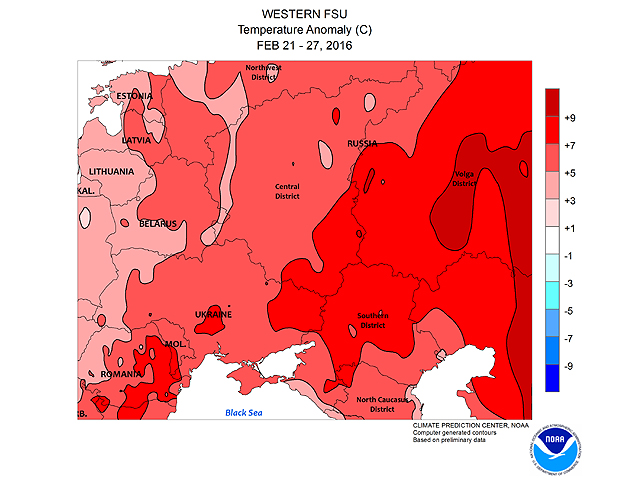 The temperature anomaly from Feb. 21 to 27 shows how much warmer than normal the weather has been in Europe, which led to protective snow cover being melted. (Graphic courtesy of NOAA Climate Prediction Center)