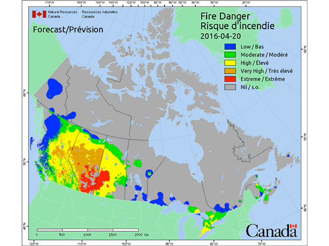 The Canadian Wildland Fire Information System Fire Danger forecast map released by Natural Resources Canada shows the danger ranging from high to extreme over much of the western prairies, with the risk exploding over the past three days supported by record or near-record temperatures in many areas on Tuesday. Welcome relief may be on the way as seen in the seven-day forecast. (DTN graphic by Nick Scalise)