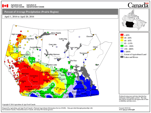 The percentage of precipitation so far during April indicates the heaviest amounts have been in Manitoba, while a large area of Alberta crop areas, and over the border into west central Saskatchewan, have seen less than 40% of average. (Chart courtesy of Agriculture and Agri-Food Canada)