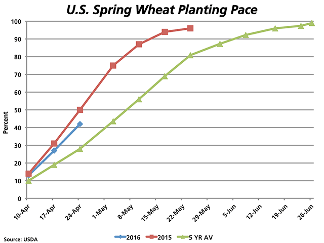 The most recent Crop Progress report in the United States shows that 42% of the spring wheat crop is seeded as of April 24 (blue line), below the 50% planted as of the same week last year (red line), but well-above the five-year average of 28% (green line).