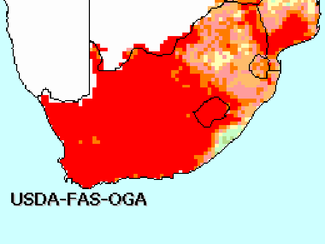 Exceptional drought in South Africa is decimating the nation&#039;s corn crop, and will force extensive food imports in the continent during the next year. (Graphic courtesy of USDA FAS)