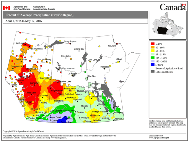 The percent of average precipitation for the Prairies region from April 1 to May 17 shows extensive dryness in Alberta and Saskatchewan. (Chart courtesy of National Agroclimate Information Service)