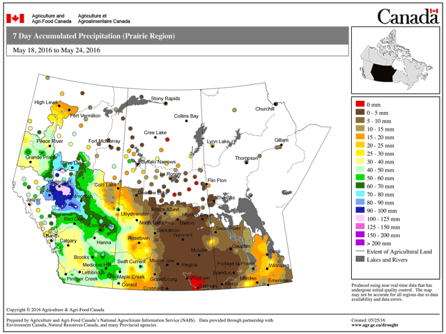 Seven-day accumulated precipitation, from May 18 to May 24, for the Canadian Prairies shows where some much-needed rain fell and will help improve soil moisture. (Chart courtesy of Agriculture and Agri-Food Canada&#039;s National Agroclimate Information Service)