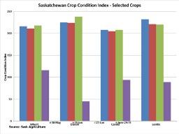 The Saskatchewan Crop Condition Index, based on government condition ratings, continues to reflect favourable ratings above 200 for most crops, while the four selected crops show an improvement over the past two weeks (red bar to the green bar). The most recent data (green bars) far exceed year-ago ratings (blue bars). (DTN graphic by Scott Kemper)