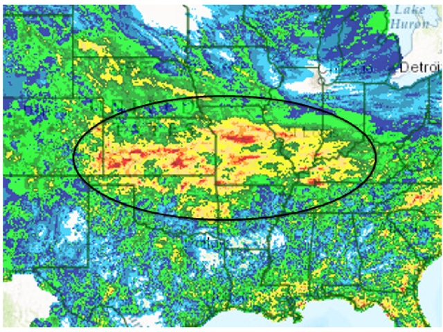 Broad coverage of 2-5 inch (50-125 millimeter) rain from Kansas to Indiana during July 1-3 illustrates a lack of chronic central U.S. dryness mechanisms this summer. (NOAA Graphic)
