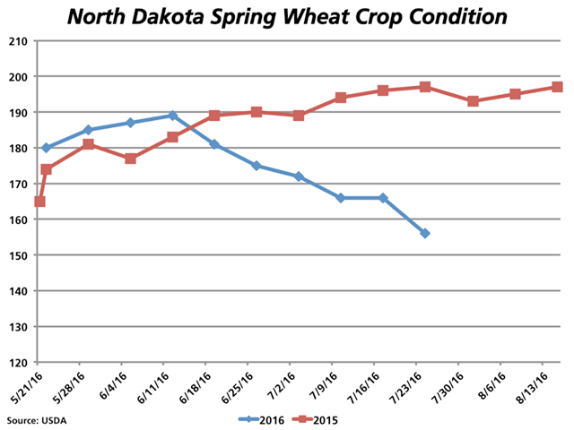 The crop condition rating for spring wheat is calculated at 156 as of Sunday July 24 (blue line), down for the fifth time in six weeks and well below the 197 reported for the same week in 2015 (red line). (DTN graphic by Nick Scalise)