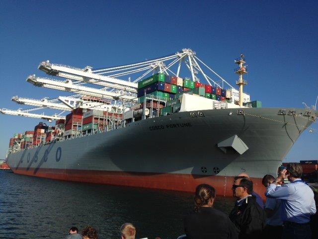 A Cosco container ship docked at the Port of Long Beach California. (Photo courtesy of Midwest Shippers Association)