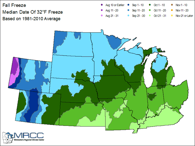 First freeze dates usually occur starting in late September in the northern Corn Belt. (Midwest Climate Center graphic)