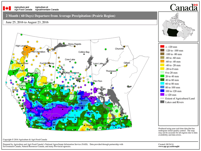 Very scattered sections of northern Alberta, southern Saskatchewan and south-central Manitoba are the only locales across the Canadian Prairies with below-average precipitation in the 2016 crop year. (AAFC graphic by Nick Scalise)