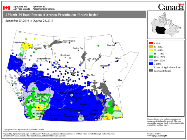 September-to-October precipitation totals were more than double the normal amounts over a large majority of the Canadian Prairies. (Graphic courtesy of Agriculture and Agri-Food Canada)