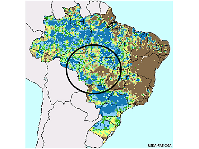Rainfall in the largest soybean-growing state of Brazil, Mato Grosso, is mostly either at or well-above normal for the season to date. (USDA graphic by Scott R Kemper)