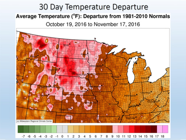 Mid-October to mid-November average temperatures in the central U.S. ranged from 5 degrees Fahrenheit above normal to a whopping 15 to 20 F degrees above normal. (MRCC graphic by Nick Scalise)