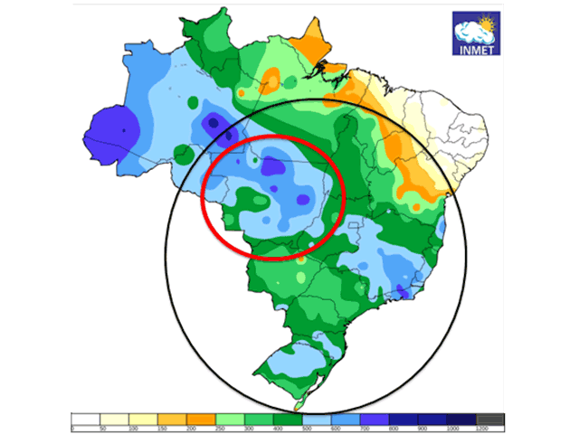 Almost all of Brazil&#039;s crop production areas have had at least 12 inches (300 millimeters) of rain in the past three months. Mato Grosso (red circle) has had more than 40 inches or 500 mm. (Brazil Meteorology Institute graphic by Nick Scalise)