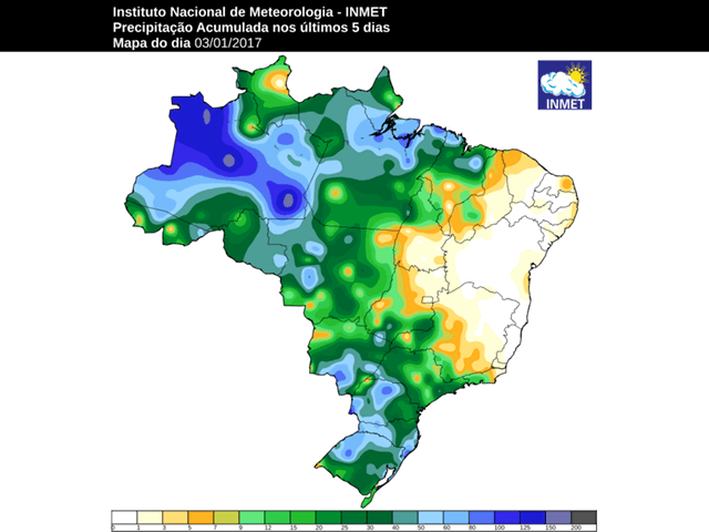 Brazil rainfall over the New Year holiday weekend again featured beneficial amounts in central, western and southern areas, but almost nothing in the east and northeast. (Graphic courtesy of Brazil Meteorological Institute)