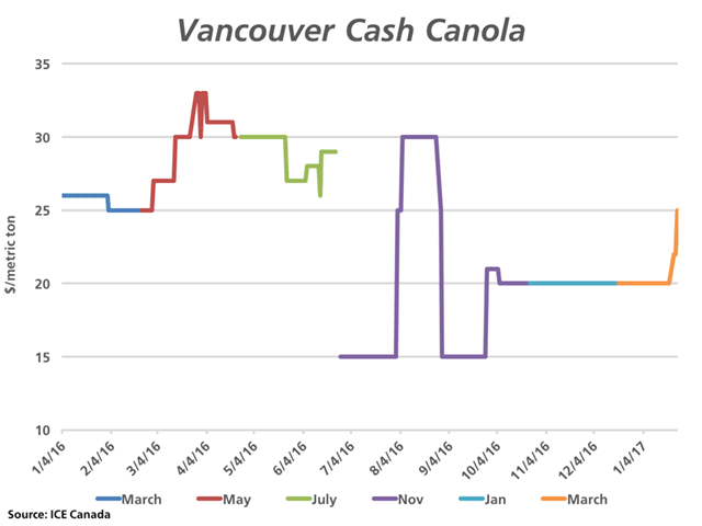 This chart shows the Vancouver cash basis reported by ICE Canada over the past year against each consecutive contract. This basis has been unchanged since late September, but is reported $5/mt stronger in the past few days to $25 over the March. (DTN graphic by Nick Scalise)
