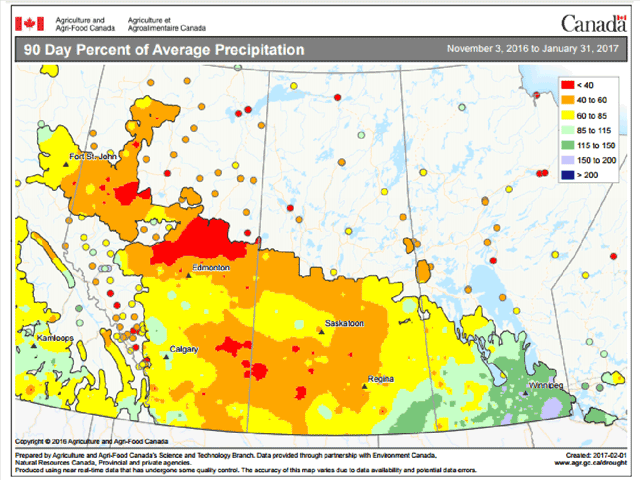 Well-above average precipitation since November has the eastern Canadian Prairies in a very vulnerable position for flooding this spring. (AAFC graphic by Scott R Kemper)