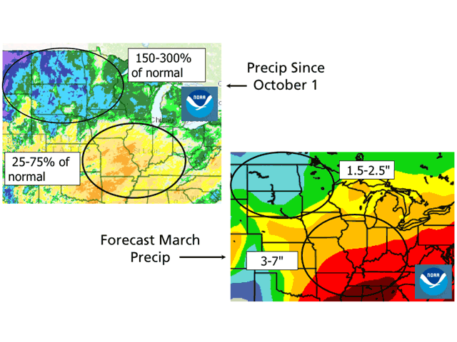 Rainfall patterns as indicated by the U.S. forecast model indicate rain where rain is needed, and drier trends where soils are wet right now. (Graphic by Nick Scalise)