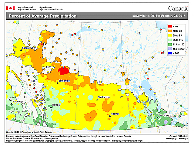 The most recent look at percent of average precipitation on the Canadian Prairies shows southern Manitoba and southeastern Saskatchewan at risk for spring floods. (Graphic courtesy of Agriculture and Agri-Food Canada)