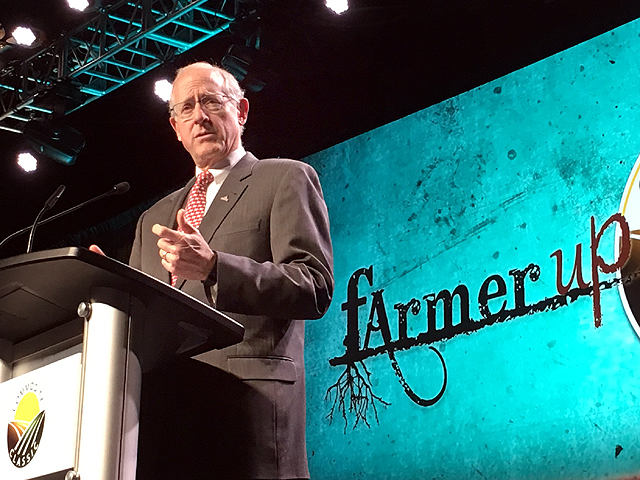 House Agriculture Committee Ranking Member Mike Conaway, R-Texas, speaking at Commodity Classic in 2017 when he chaired the committee. Conaway announced Wednesday he would retire from Congress and not seek re-election in 2020. (DTN file photo by Chris Clayton
