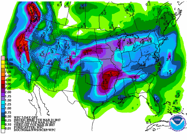 The seven-day precipitation forecast shows some opportunities for rain in the Plains. (Graphic courtesy of NOAA/NWS)