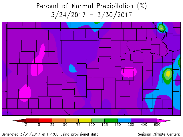 Almost all of Kansas received from double to 8 times normal rainfall from March 24-31, thanks in part to moisture from a very warm Gulf of Mexico. (High Plains Climate Center graphic by Nick Scalise)