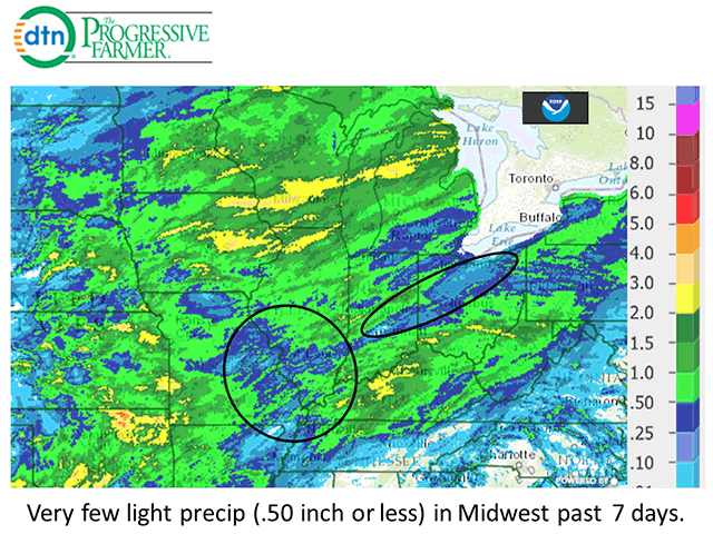 Locations with less than one-half inch of rain in the past seven days were limited to the mid-Mississippi Valley and the southern rim of the Great Lakes. (NOAA graphic by Nick Scalise)