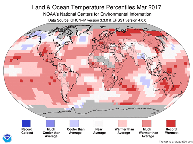 The March 2017 globally averaged temperature over land was the second-highest for the month of March in NOAA&#039;s 138-year record set. The year-to-date global temperature was also second warmest on record. (NOAA graphic by Nick Scalise)