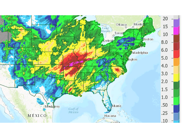 Seven-day precipitation totals through Monday, May 1, show up to 10 inches of rain in the southern Midwest. Moisture in western Kansas through central Nebraska came largely as heavy, wet snow. (NOAA graphic by Nick Scalise) 