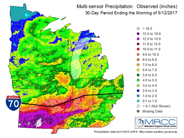 Wet fields and rain-related crops stress are most notable in the Midwest south of Interstate 70. (Midwest Climate Center Graphic by Nick Scalise) 