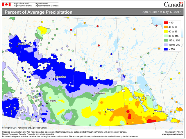 There&#039;s a big swing in Canadian Prairies moisture this season -- from too much north to below-normal south. (AAFC graphic by Nick Scalise) 