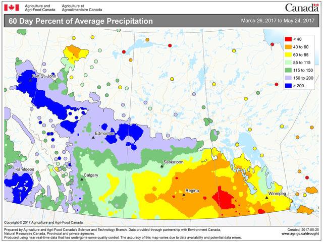 A sharp difference in precipitation the past 60 days has western areas of the Canadian Prairies wet, while eastern sectors are close to being too dry. (AAFC graphic by Nick Scalise) 