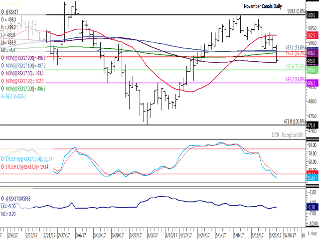 New-crop canola led the move lower on Thursday. The November reached a four-week low while breaking both the 33% and 38.2% retracement levels of the move from the April low to the May high, along with the contract&#039;s 200-day moving average at $496.50/mt. The daily chart shows prices in over-sold territory (middle study), which may slow technical selling. The lower study shows commercial traders taking a less-bearish approach to trade, with the Nov/Jan spread narrowing/strengthening to minus $5.30/mt. (DTN graphic by Nick Scalise)