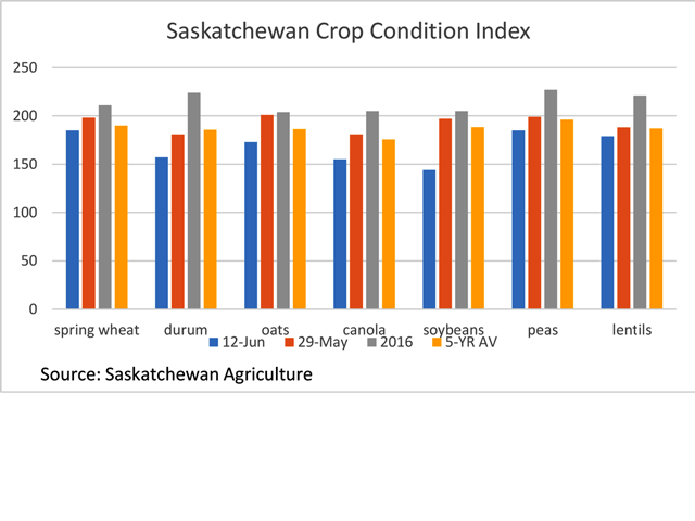 This chart looks at the crop condition index for selected Saskatchewan crops based on Saskatchewan Agriculture crop ratings. The blue bars represent the most recent June 12 rating, the brown bars represent the May 29 rating, the grey bars represent the same week in 2016 while the yellow bars represent the five-year average for mid-June. (DTN graphic by Scott Kemper)