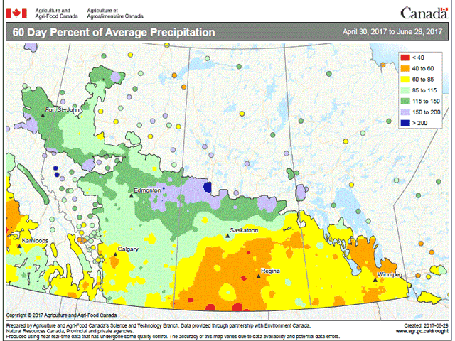 Rainfall averaging only 40 to 60% of normal covers much of southwest and central Saskatchewan. Some places within the region are averaging less than 40% of normal. (Graphic courtesy of Agriculture and Agri-Food Canada)