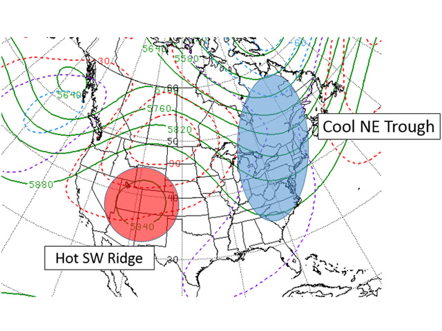 The southwest ridge-northeast trough upper air pattern on the U.S. forecast model through the July 14-15 timeframe suggests a very warm to hot and dry trend for the Western Corn Belt. (NOAA Climate Prediction Center graphic by Scott R Kemper)