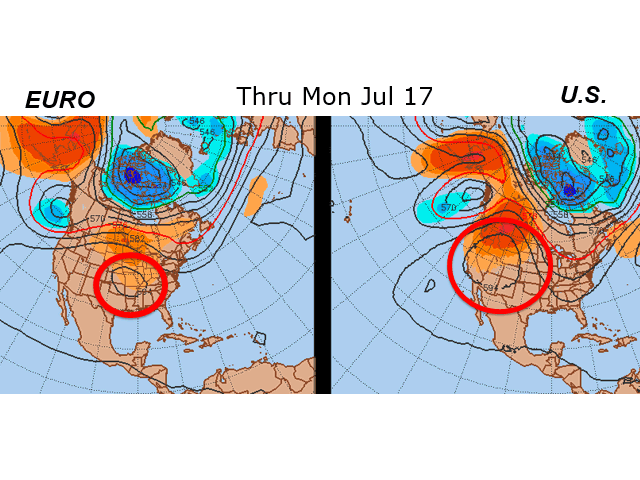 Forecast model disagreement on the upper air pattern for the July 17 timeframe features the European forecast model putting a hot high pressure dome over the southern Midwest. (Pennsylvania State graphic by Nick Scalise)