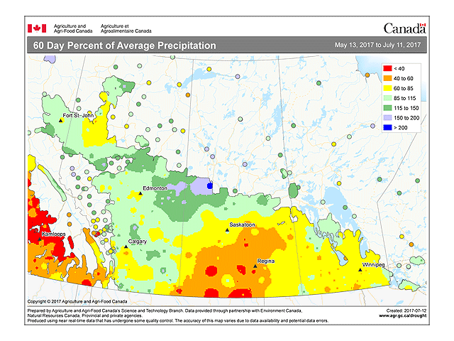 A significant portion of the southern and central crop areas of Saskatchewan is showing less than 40% of normal rainfall in the last 60 days up to July 11. (Graphic courtesy of Agriculture and Agri-Food Canada)