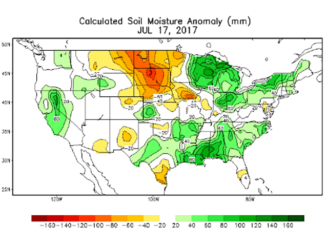 Soil moisture calculation shows that parts of the western Midwest are now close to being as dry as in the Northern Plains. (NOAA graphic by Nick Scalise) 