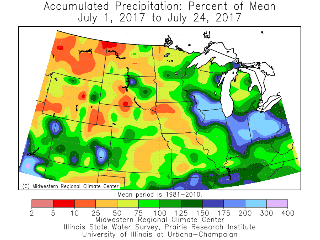The stark contrast between very dry conditions in the western and southern Corn Belt and a very wet pattern in the Eastern Corn Belt remains in place during late July. (Midwest Climate Center graphic by Nick Scalise)