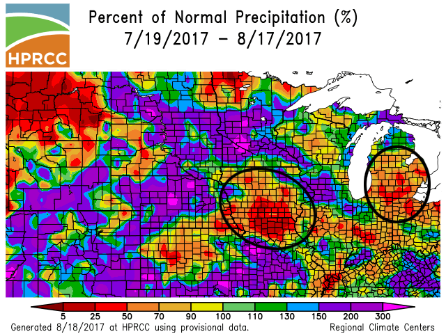 In the Western Corn Belt, a large portion from central Iowa through north-central Missouri, along with much of Michigan, received no more than 25% of average precipitation from mid-July to mid-August. (HPRCC graphic by Nick Scalise)