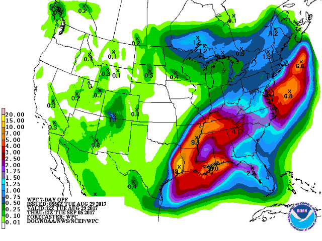 The outlook for the Midwest during the next seven days calls for mostly dry weather in the west, while the eastern Midwest will see some rain over southern and eastern areas later in the week as the remains of Tropical Storm Harvey move through. (Graphic courtesy of NOAA)