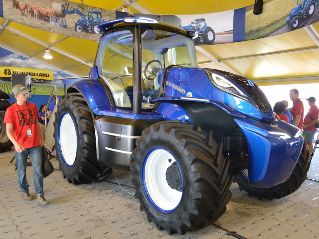 The new methane-powered tractor drew crowds to the New Holland booth at the Farm Progress Show in August. (DTN/The Progressive Farmer photo by Jim Patrico)