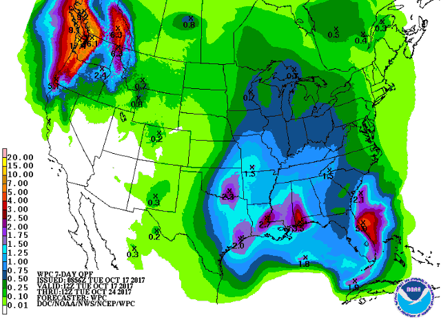 The overall weather pattern during the next seven to 10 days will feature much less rain than what we have seen in the past two weeks. The seven-day precipitation forecast shows a drier pattern for the western Midwest. (Graphic courtesy of NOAA/National Weather Service)