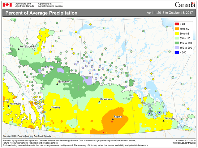 Crop year precipitation has been short of average across the Prairies, and helped drive damaging windstorms in mid-October. (AAFC graphic by Nick Scalise)