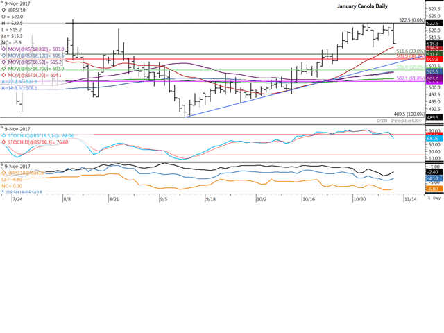 January canola stalled at last week&#039;s high of $522.50/metric ton on Thursday, while posting a bearish outside-day trading bar. The middle study points to a bearish turn in the short-term momentum indicators. The lower study points to narrowing futures spreads this session, a sign of commercial buying interest, while speculative profit taking was behind the move lower. (DTN graphic by Scott R Kemper)