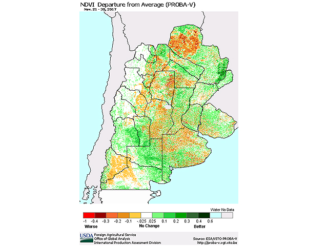 Argentina vegetative index values show a marked decline relative to average, mainly due to dry conditions as southern hemisphere midsummer approaches. (Graphic courtesy of USDA FAS)