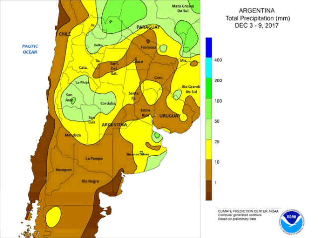 Early-December rain in the primary Argentina crop areas was light, with only isolated amounts of one inch or more. (NOAA graphic by Nick Scalise)
