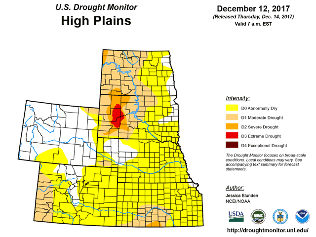 The High Plains is almost entirely in the grip of some stage of drought as of mid-December. The same circumstances cover the remainder of the Plains as well. (USDM graphic by Nick Scalise)  