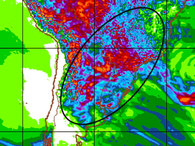 Moderate to heavy rain is featured throughout the South American crop belt from Argentina through central Brazil during the days leading up to Christmas Day. (NOAA graphic by Nick Scalise)  